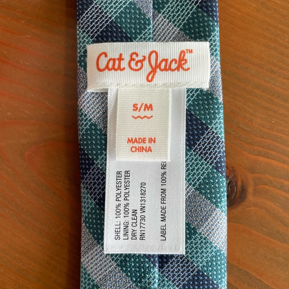 Cat & Jack Boys' Blue/Green Plaid Woven Necktie, Sizes S/M, with Zipper Closure